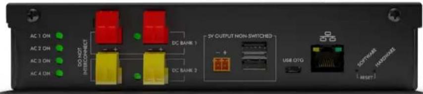 AC 1 ON AC 2 ON AC 3 ON AC 4 ON DO NOT INTERCONNECT DC BANK 1 DC BANK 2 SY OUTPUT NON-SWITCHED + - + + USB O/O SOFTWARE HARDWARE RESET