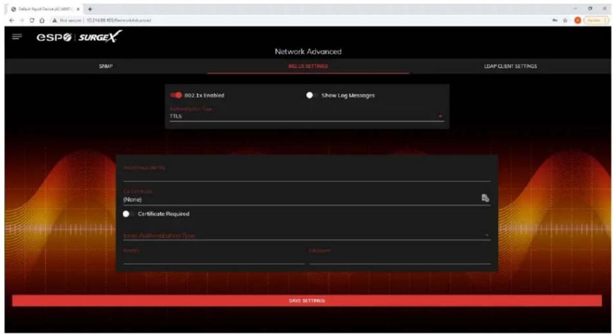 Default Request Device (JC-889) Not secure 10.214.98.165/NetworkAdvanced ESP SURGEX Network Advanced SNMP 802.1x SETTINGS LDAP CLIENT SETTINGS 802.1x Enabled Show Log Messages Automatic Sur TTLS Accession Name Certificates (None) Certificate Required Inner Authentication Type Name: Save Settings
