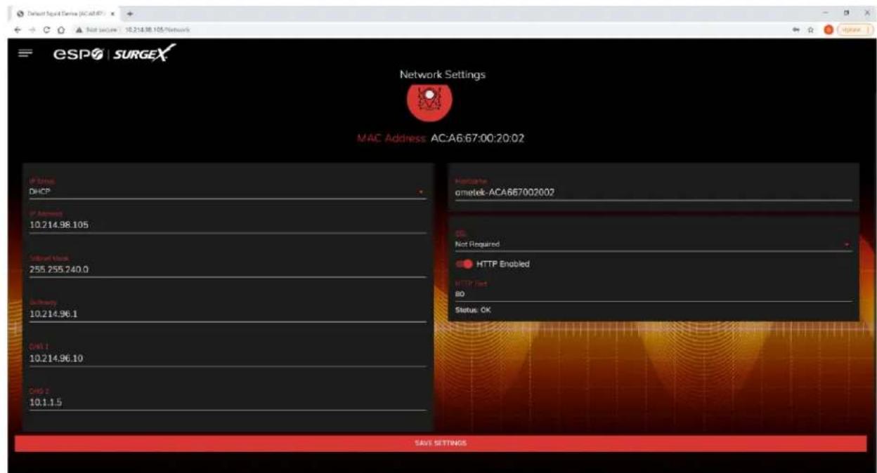 ESPO SURGEX Network Settings MAC Address: AC:A6.67:00:20:02 IP Address DHCP IP Address 10.214.98.105 Download Status 255 255.240.0 Delivery 10.214.96.1 Call 1 10.214.96.10 Call 2 10.1.1.5 Networks: ometek-ACA667002002 Not Required HTTP Enabled HTTP First BO Status: OK SAVE SETTINGS