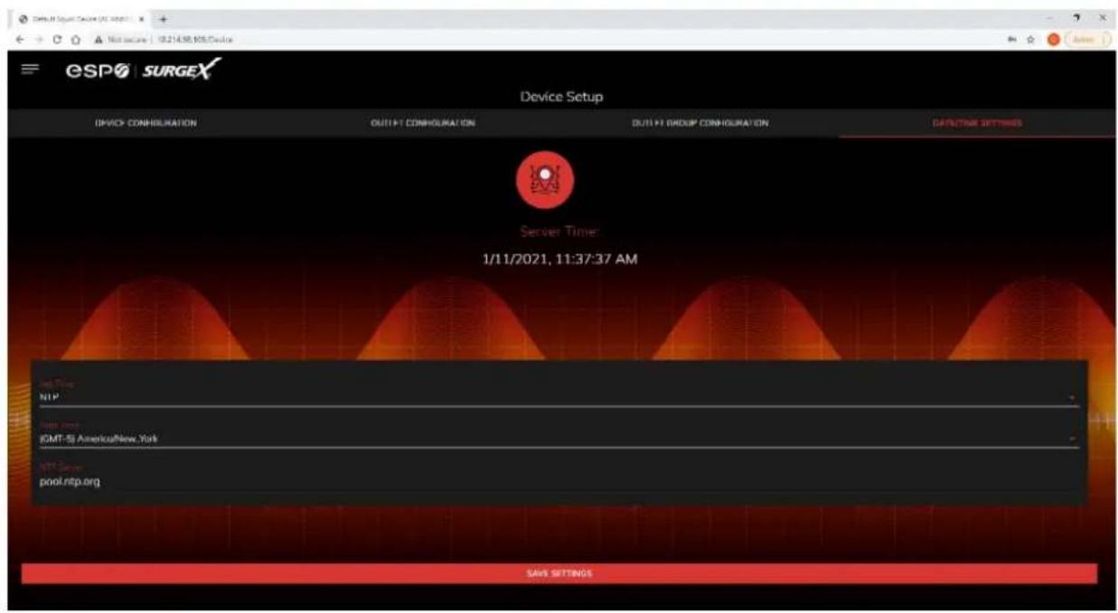 ESPO SURGEX Device Setup DEVICE- CONHOLATION OUTLET CONHOLATION OUTLET GROUP CONHOLATION DETAILTIME SETTINGS Server Time: 1/11/2021, 11:37:37 AM Get Time NTP Water Time iGMT-Si America/New_York NTP Server pool.ntp.org SAVE SETTINGS