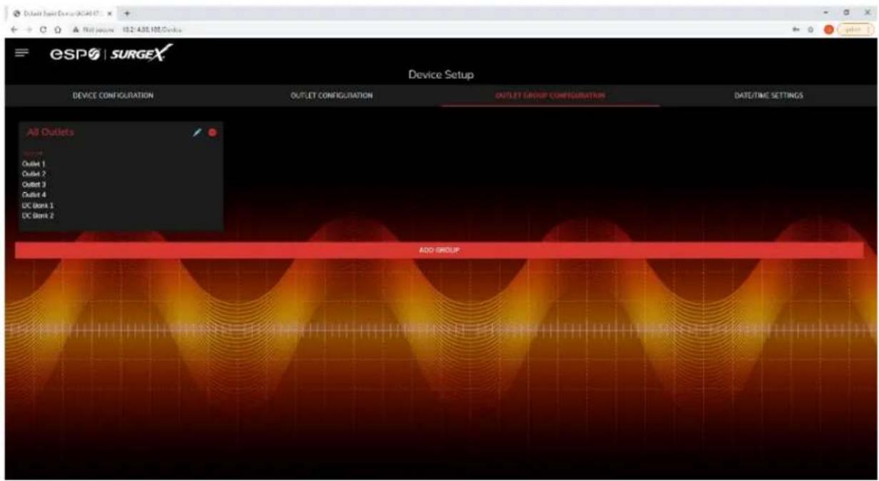 Default Basic Device (AC401) File Mount 152.435.107.Dsn GSP | SURGEX Device Setup DEVICE CONFIGURATION OUTLET CONFIGURATION OUTLET GROUP CONFIGURATION DATE/TIME SETTINGS All Outlets Outlet 1 Outlet 2 Outlet 3 Outlet 4 DC Bank 1 DC Bank 2 ADD GROUP