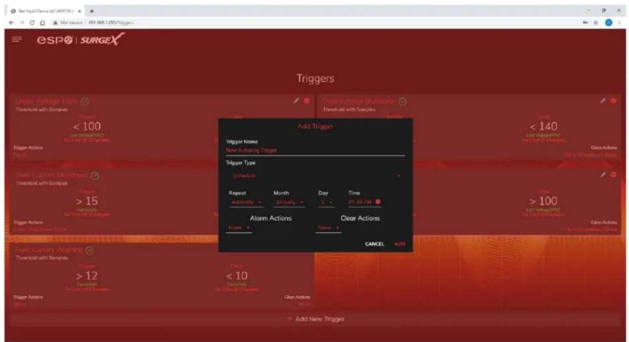 Test Sqrt Device (SC AdNT01) Not sure: 192 MB.1.25G/Triggers ESPO | SURGEX Triggers Lower Antigen 100% Threshold with Samples Trigger < 100 Low Voltage/VDC For 3-Cell Samples Trigger Actions None Over Current Dischtwen Threshold with Samples Trigger > 15 Controls For 3-Cell Samples Trigger Actions Lower Single-Down-Scale Add Trigger: Trigger Name New Acroping Trigger Trigger Type Schedule Repeat Amounty Month January Day 1 Time 01:00 AM Alarm Actions Clear Actions None CANCEL Add New Trigger < 140 Log subscription for 2-Cell Samples Clear Actions > 100 Line Voltage/VDC for 3-Cell Samples Clear Actions