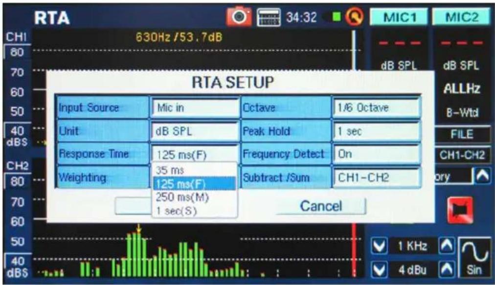 RTA SETUP Input Source Mic in Octave 1/6 Octave Unit dB SPL Peak Hold 1 sec Response Time 125 ms(F) Frequency Detect On Weighting 35 ms Subtract /Sum CH1-CH2 125 ms(F) 250 ms(M) 1 sec(S) Cancel CH1 630Hz /53.7dB 80 70 60 50 40 dBS ALLHz B-Wtd FILE CH1-CH2 ory 40 dBS 1 KHz 4 dBu Sin