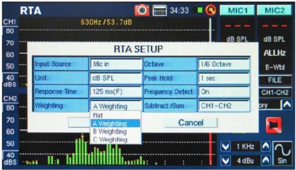 RTA SETUP Input Source Mic in Octave 1/6 Octave Unit dB SPL Peak Hold 1 sec Response Time 125 ms(F) Frequency Detect On Weighting A Weighting Subtract /Sum CH1-CH2 Flat A Weighting B Weighting C Weighting Cancel 1 KHz 4 dBu Sin