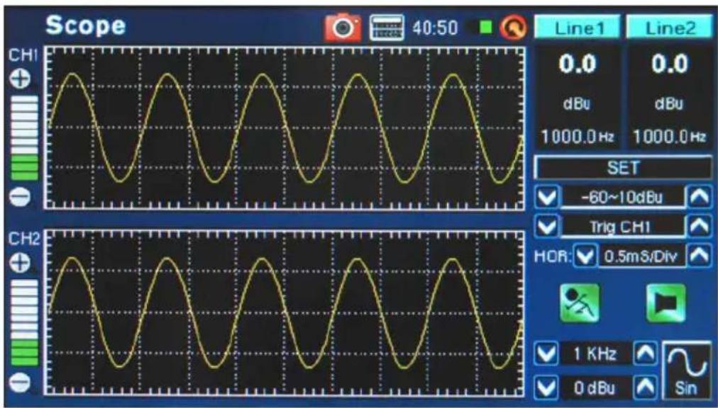 Scope 40:50 Line1 Line2 0.0 0.0 dBu dBu 1000.0 Hz 1000.0 Hz SET -60~10dBu Trig CH1 HOR: 0.5mS/Div 1 KHz 0 dBu Sin