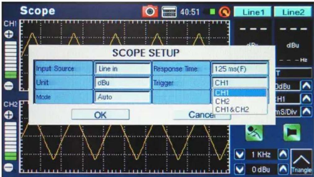 SCOPE SETUP Input Source Line in Response Time 125 ms(F) Unit dBu Trigger CH1 Mode Auto CH1 CH2 CH1&CH2 OK Cancer 1 KHz 0 dBu Triangle