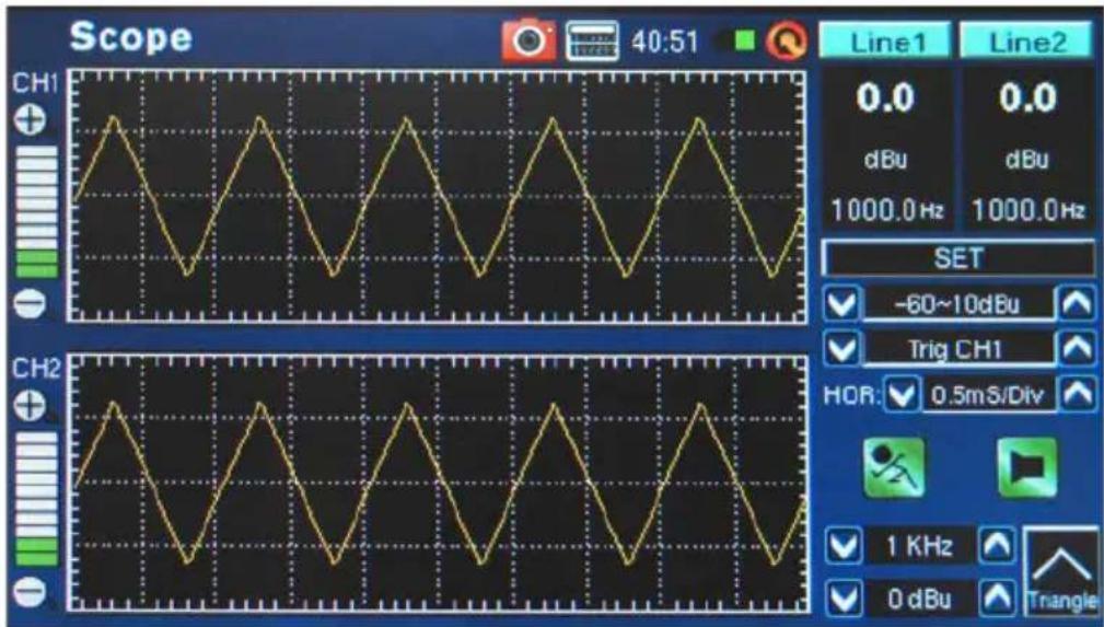 Scope 40:51 Line1 Line2 0.0 0.0 dBu dBu 1000.0 Hz 1000.0 Hz SET -60~10dBu Trig CH1 HOR: 0.5mS/Div 1 KHz 0 dBu Triangle