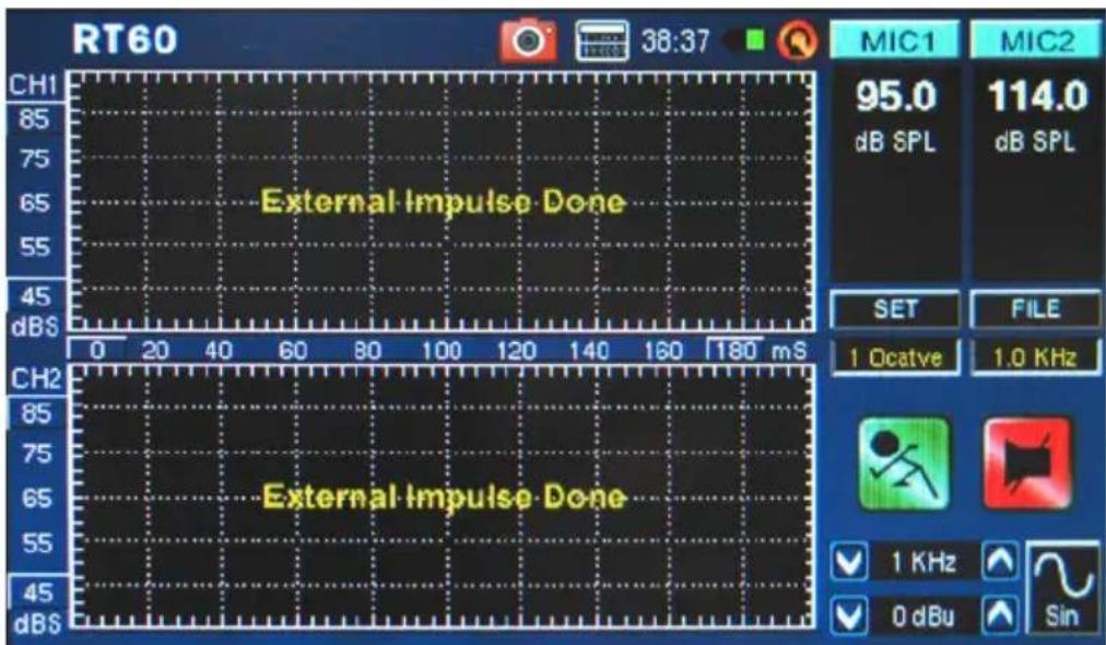 RT60 38:37 MIC1 MIC2 95.0 114.0 dB SPL dB SPL SET FILE 1 Ocatve 1.0 KHz External Impulse Done External Impulse Done CH1 85 75 65 55 45 dBS 0 20 40 60 80 100 120 140 160 180 mS CH2 85 75 65 55 45 dBS