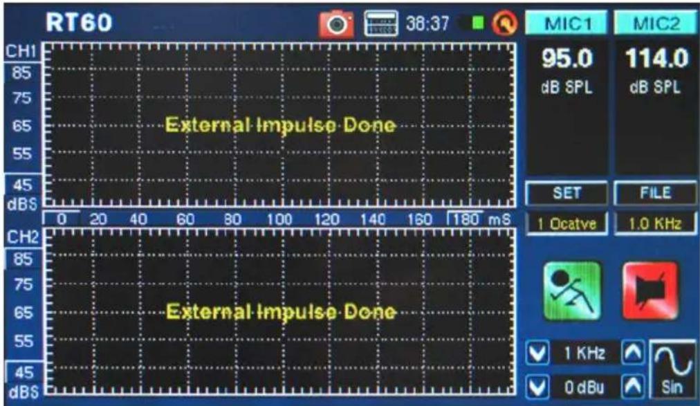 RT60 38:37 MIC1 MIC2 95.0 114.0 dB SPL dB SPL SET FILE 1 Ocatve 1.0 KHz External Impulse Done External Impulse Done CH1 85 75 65 55 45 dBS 0 20 40 60 80 100 120 140 160 180 m8 CH2 85 75 65 55 45 dBS 1 KHz 0 dBu Sin