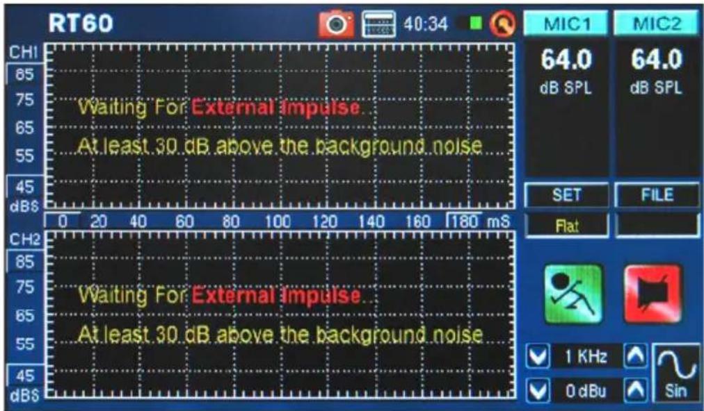 RT60 40:34 MIC1 MIC2 64.0 dB SPL 64.0 dB SPL Waiting For External impulse At least 30 dB above the background noise SET FILE Flat CH1 85 75 65 55 45 dB$ CH2 85 75 65 55 45 dB$ Waiting For External impulse At least 30 dB above the background noise 1 KHz 0 dBu Sin