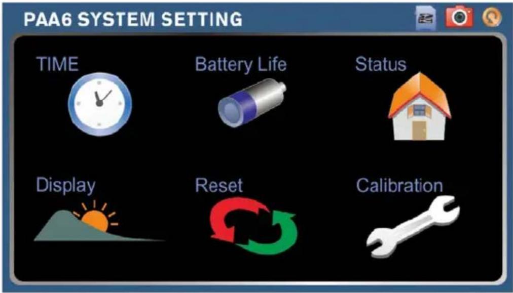 PAA6 SYSTEM SETTING TIME Battery Life Status Display Reset Calibration