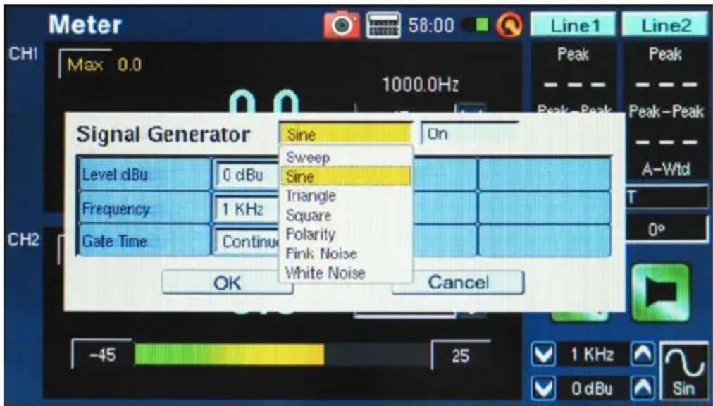 Meter CH1 Max 0.0 1000.0Hz Signal Generator Level dBu 0 dBu Frequency 1 KHz Gate Time Continue Sine On Sweep Sine Triangle Square Polarity Pink Noise White Noise OK Cancel -45 25 1 KHz 0 dBu Sin