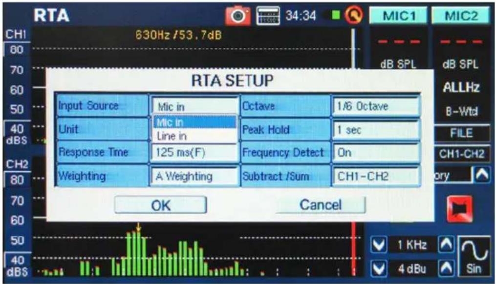 RTA SETUP Input Source Mic in Octave 1/6 Octave Unit Mic in Peak Hold 1 sec Response Time 125 ms(F) Frequency Detect On Weighting A Weighting Subtract /Sum CH1-CH2 OK Cancel CH1 630Hz /53.7dB 80 70 60 50 40 dBS CH2 80 70 60 50 40 dBS MIC1 MIC2 dB SPL dB SPL ALLHz B-Wtd FILE CH1-CH2 cry 1 KHz 4 dBu Sin