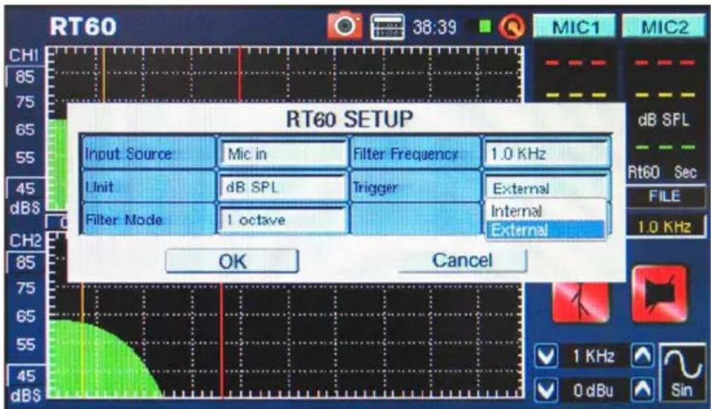 RT60 SETUP Input Source Mic in Filter Frequency 1.0 KHz Unit dB SPL Trigger External Filter Mode 1 octave Internal External OK Cancel CH1 85 75 65 55 45 dBS CH2 85 75 65 55 45 dBS MIC1 MIC2 dB SPL Rt60_Sec FILE 1.0 KHz 1 KHz 0 dBu Sin