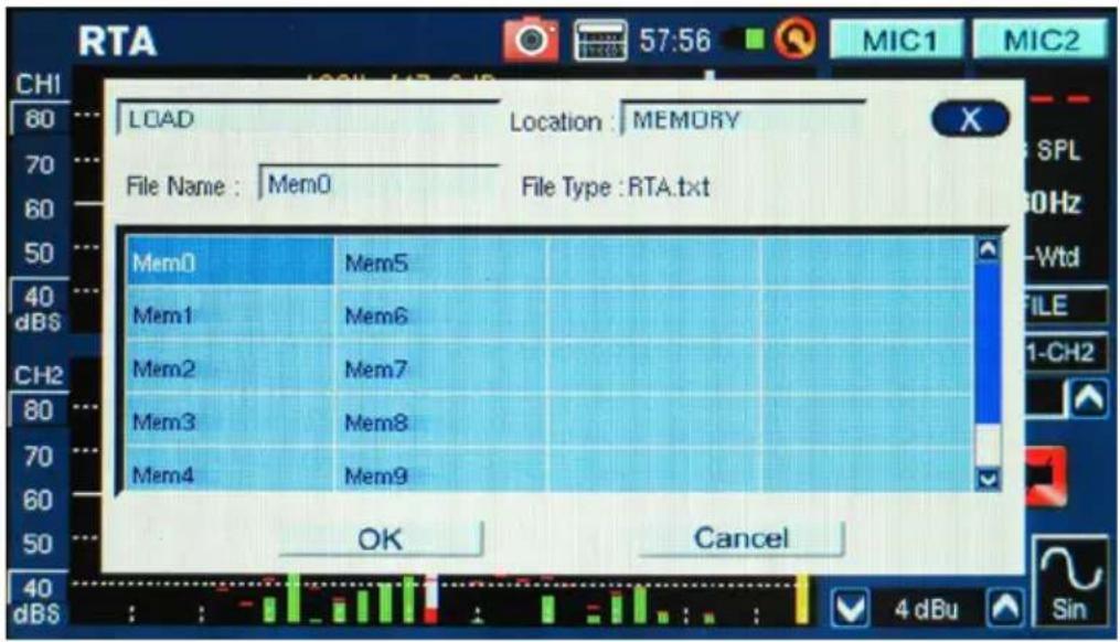 RTA CHI 80 ... LOAD Location : MEMORY 70 60 50 ... 40 dBS File Name : Mem0 File Type : RTA.txt Mem0 Mem5 Mem1 Mem6 Mem2 Mem7 Mem3 Mem8 Mem4 Mem9 OK Cancel 4 dBu Sin