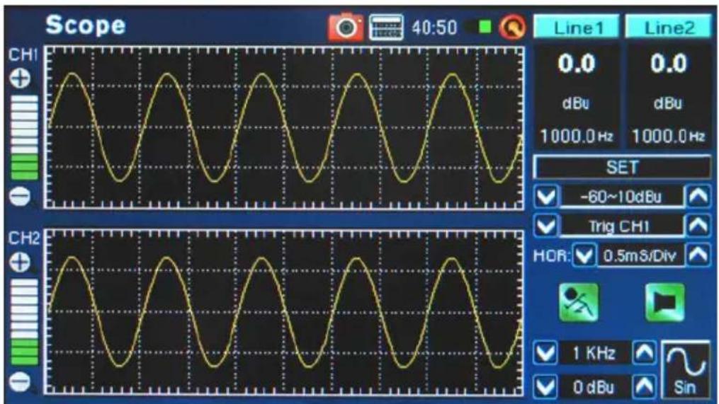 Scope 40:50 Line1 Line2 0.0 0.0 dBu dBu 1000.0 Hz 1000.0 Hz SET -60~10dBu Trig CH1 HOR: 0.5mS/Div 1 KHz 0 dBu Sin