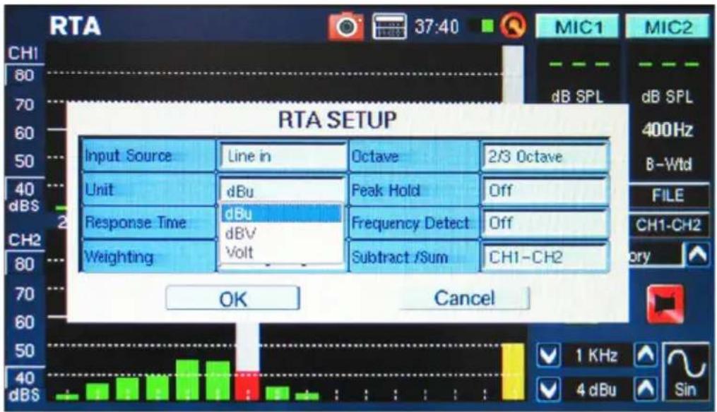 RTA SETUP Input Source Line in Octave 2/3 Octave Unit dBu Peak Hold Off Response Time dBu Frequency Detect Off Weighting dBV Volt Subtract /Sum CH1-CH2 OK Cancel CH1 80 70 60 50 40 dBS MIC1 MIC2 dB SPL dB SPL 400Hz B-Wtd FILE CH1-CH2 ory 1 KHz 4 dBu Sin