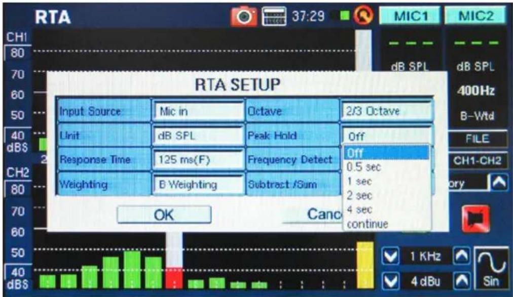 RTA SETUP Input Source Mic in Octave 2/3 Octave Unit dB SPL Peak Hold Off Response Time 125 ms(F) Frequency Detect Off Weighting B Weighting Subtract /Sum 0.5 sec 1 sec 2 sec 4 sec continue OK Canc CH1-ch2 80 70 60 50 40 dBS MIC1 MIC2 dB SPL dB SPL 400Hz B-Wtd FILE CH1-CH2 ory 40 dBs 1 KHz 4 dBu Sin
