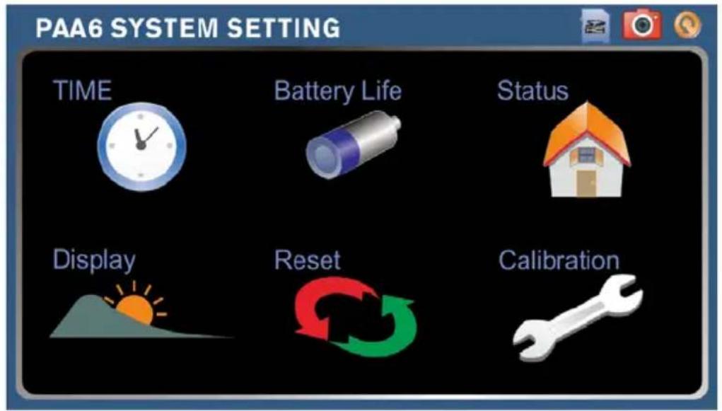 PAA6 SYSTEM SETTING TIME Battery Life Status Display Reset Calibration