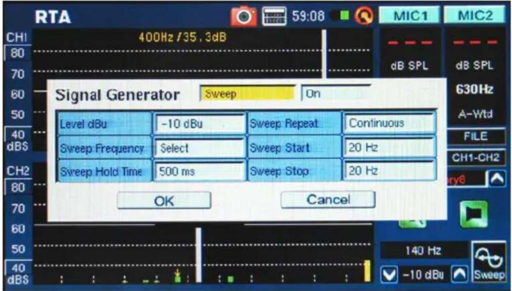RTA 400Hz /35. 3dB Signal Generator Sweep On Level dBu -10 dBu Sweep Repeat Continuous Sweep Frequency Select Sweep Start 20 Hz Sweep Hold Time 500 ms Sweep Stop 20 Hz OK Cancel CH1 80 70 60 50 40 dBS MIC1 MIC2 dB SPL dB SPL 630Hz A-Wtd FILE CH1-CH2 cry8 140 Hz -10 dBu Sweep