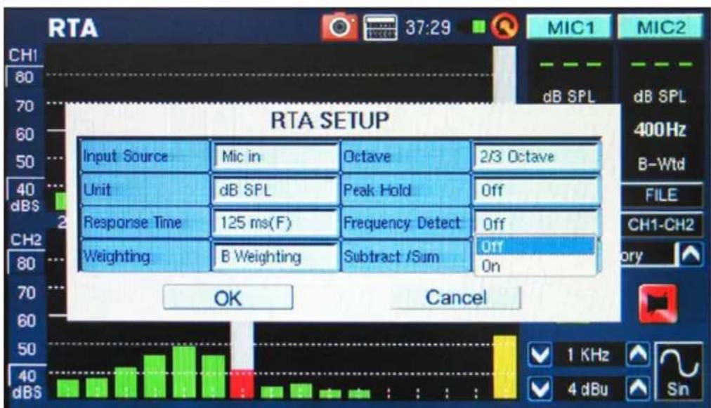 RTA SETUP Input Source Mic in Octave 2/3 Octave Unit dB SPL Peak Hold Off Response Time 125 ms(F) Frequency Detect Off Weighting B Weighting Subtract /Sum Off OK Cancel CH1 60 70 40 dBS 400Hz B-Wtd FILE CH1-CH2 ory 1 KHz 4 dBu Sin