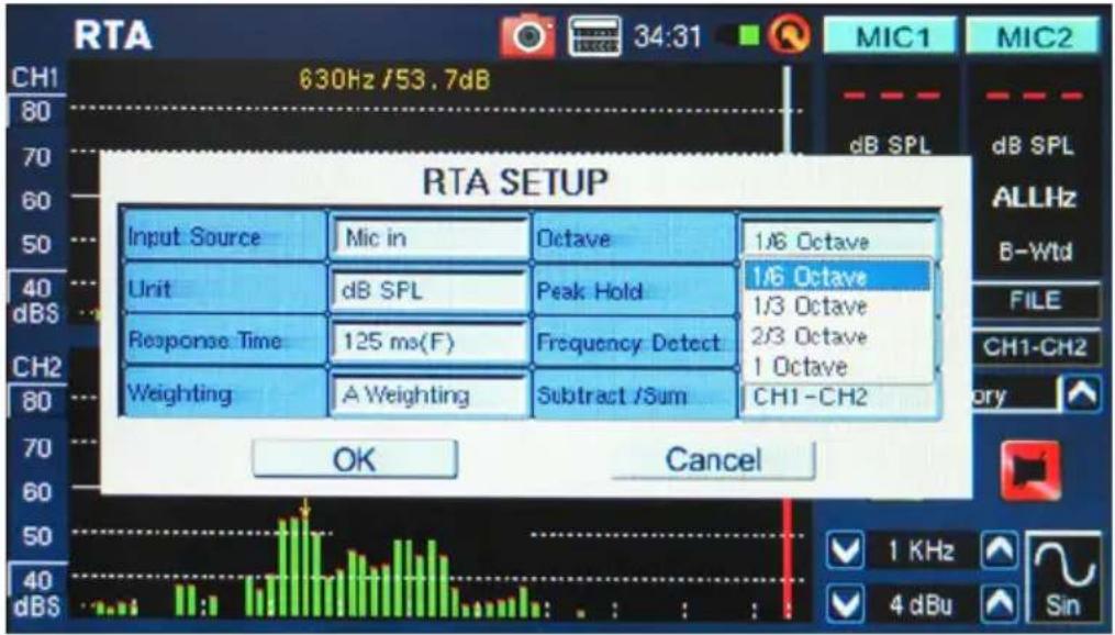RTA SETUP Input Source Mic in Octave 1/6 Octave Unit dB SPL Peak Hold 1/6 Octave Response Time 125 ms(F) Frequency Detect 1/3 Octave Weighting A Weighting Subtract /Sum 1 Octave OK Cancel CH1-ch2 FILE CH1-CH2 1 KHz 4 dBu Sin