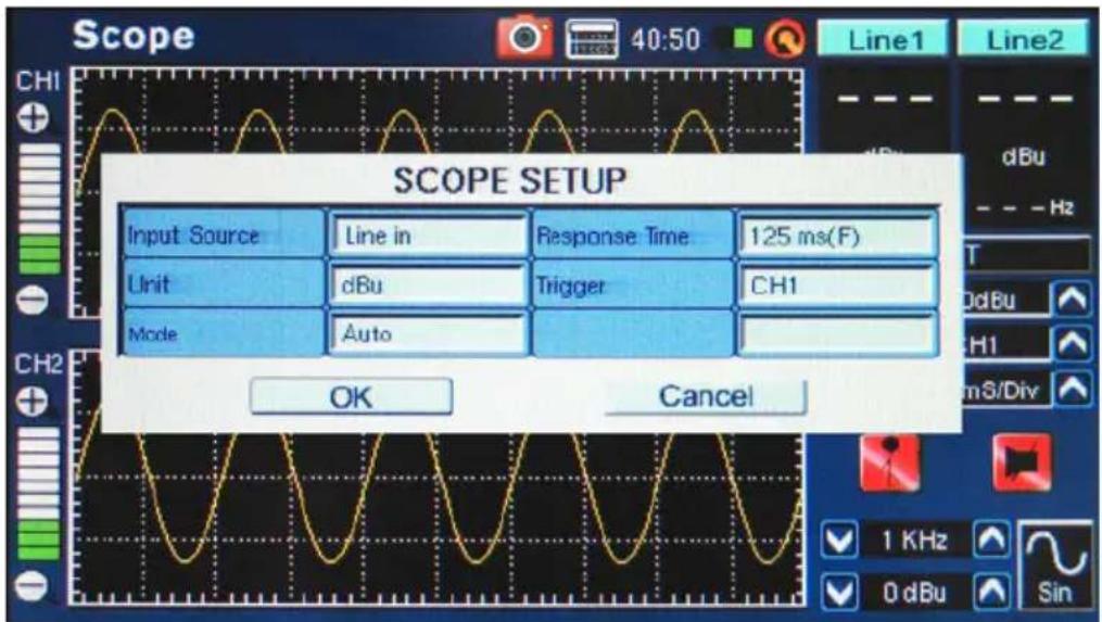 SCOPE SETUP Input Source Line in Response Time 125 ms(F) Unit dBu Trigger CH1 Mode Auto OK Cancel 1 KHz 0 dBu Sin