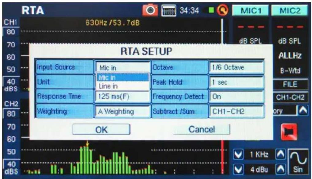 RTA SETUP Input Source Mic in Octave 1/6 Octave Unit Mic in Peak Hold 1 sec Line in Response Time 125 ms(F) Frequency Detect On Weighting A Weighting Subtract /Sum CH1-CH2 OK Cancel CH1 630Hz /53.7dB 80 70 60 50 40 dBS ALLHz B-Wtd FILE CH1-CH2 CH2 80 70 60 50 40 dBS 1 KHz 4 dBu Sin
