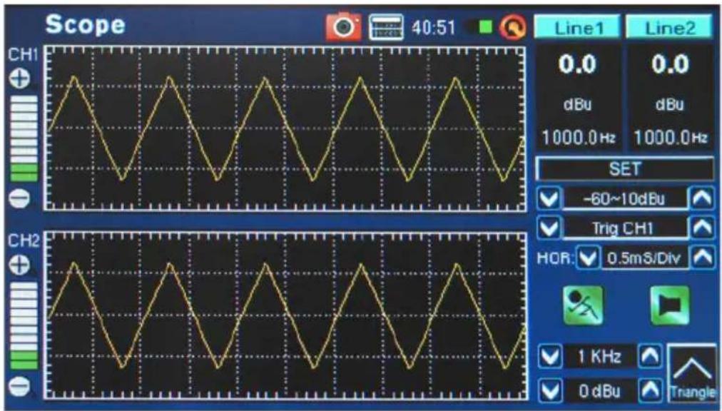 Scope 40:51 Line1 Line2 0.0 0.0 dBu dBu 1000.0 Hz 1000.0 Hz SET -60~10dBu Trig CH1 HOR: 0.5mS/Div 1 KHz 0 dBu Triangle