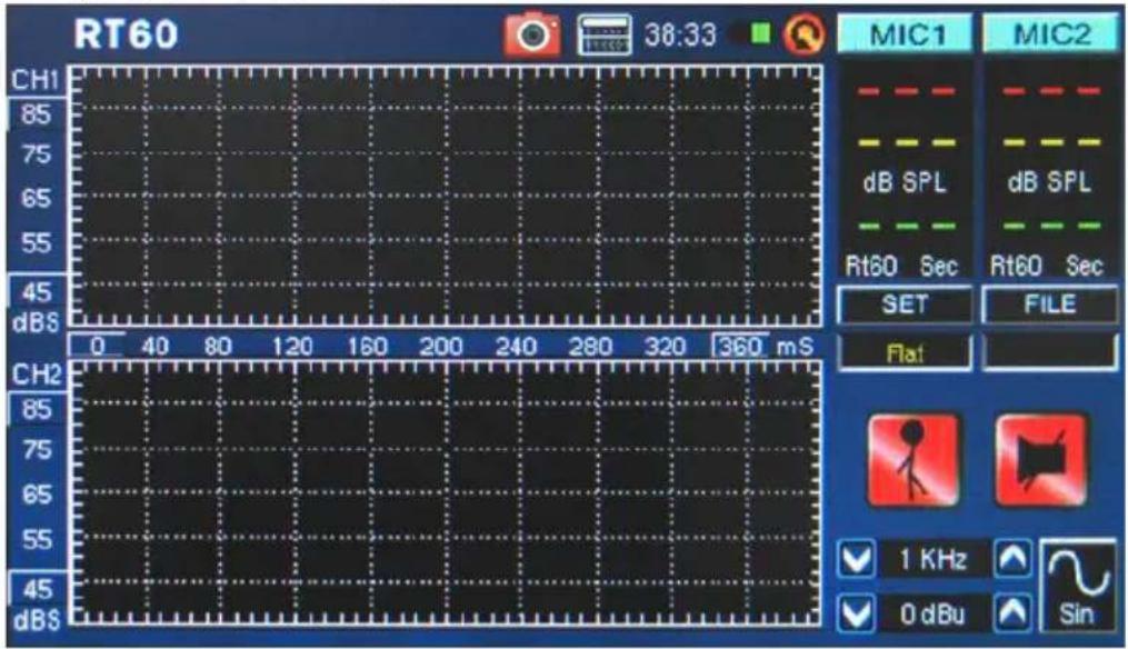 RT60 38:33 MIC1 MIC2 CH1 85 75 65 55 45 dBS 0 40 80 120 160 200 240 280 320 360 mS CH2 85 75 65 55 45 dBS dB SPL dB SPL Rt60 Sec Rt60 Sec SET FILE Flat 1 KHz 0 dBu Sin