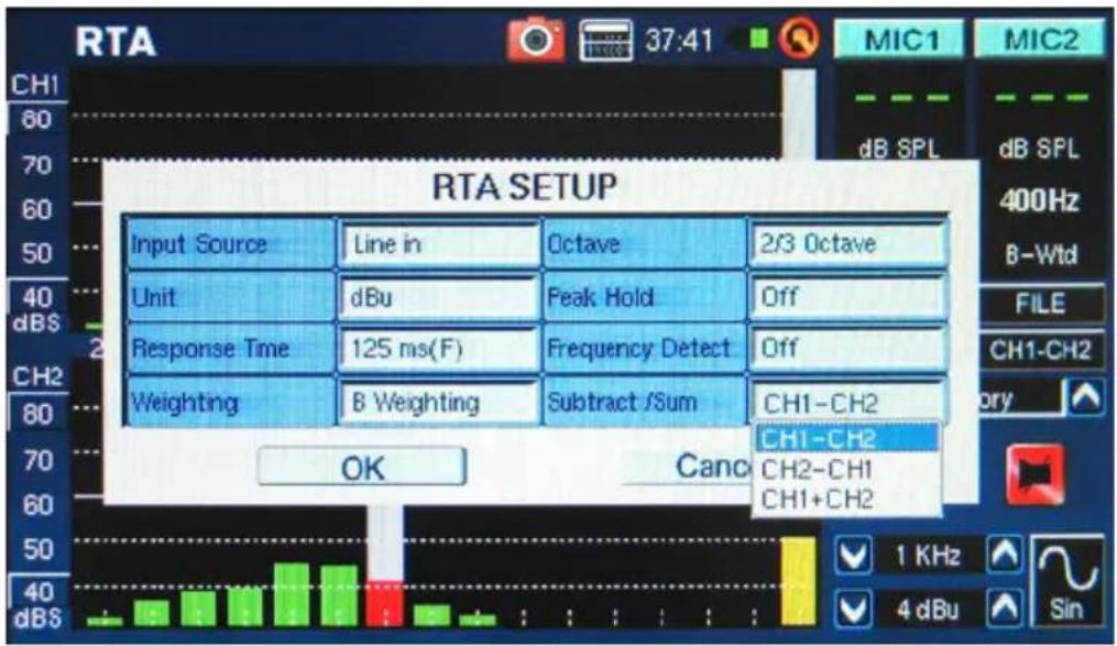RTA SETUP Input Source Line in Octave 2/3 Octave Unit dBu Peak Hold Off Response Time 125 ms(F) Frequency Detect Off Weighting B Weighting Subtract /Sum CH1-CH2 OK Canc CH1-CH2 CH2-CH1 CH1+CH2 1 KHz 4 dBu Sin