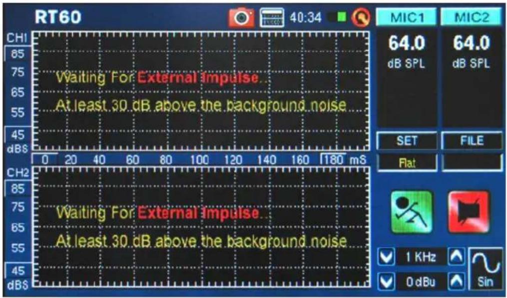 RT60 40:34 MIC1 MIC2 64.0 dB SPL 64.0 dB SPL Waiting For External impulse... At least 30 dB above the background noise... Setting FILE SET FILE Ch1 85 75 65 55 45 dBS 0 20 40 60 80 100 120 140 160 180 mS CH2 85 75 65 55 45 dBS Waiting For External impulse... At least 30 dB above the background noise... 1 KHz 0 dBu Sin