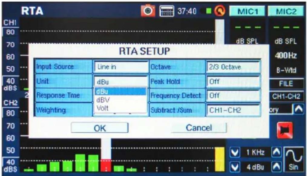 RTA SETUP Input Source Line in Octave 2/3 Octave Unit dBu Peak Hold Off Response Time dBu Frequency Detect Off Weighting dBV Volt Subtract /Sum CH1-CH2 OK Cancel 1 KHz 4 dBu Sin