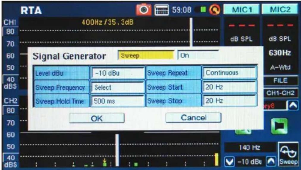 RTA 400Hz /35, 3dB MIC1 MIC2 80 70 60 50 40 dBS Signal Generator Sweep On Level dBu -10 dBu Sweep Repeat Continuous Sweep Frequency Select Sweep Start 20 Hz Sweep Holdi Time 500 ms Sweep Stop 20 Hz OK Cancel CH1-CH2 140 Hz -10 dBu Sweep