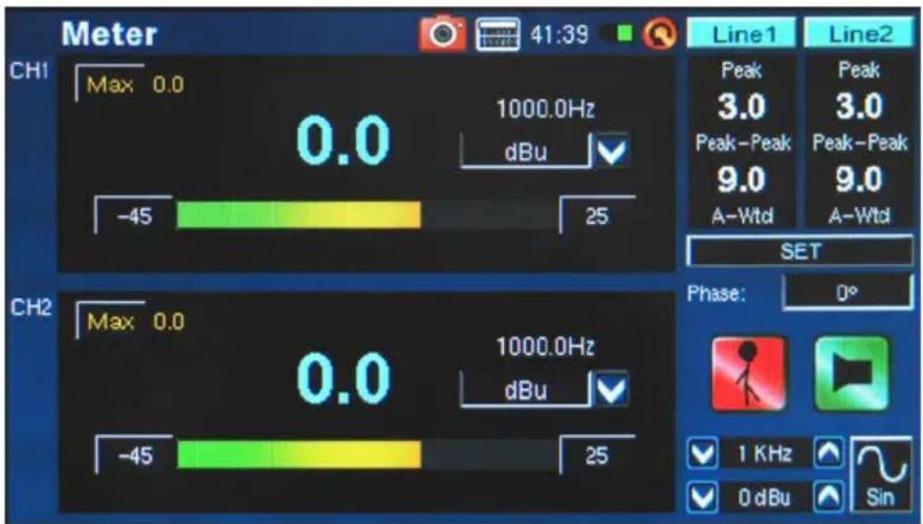 Meter 41:39 Line1 Line2 CH1 Max 0.0 0.0 1000.0Hz dBu -45 25 SET Peak 3.0 Peak-Peak 9.0 A-Wtd A-Wtd CH2 Max 0.0 0.0 1000.0Hz dBu -45 25 Phase: 0° 1 KHz 0 dBu Sin