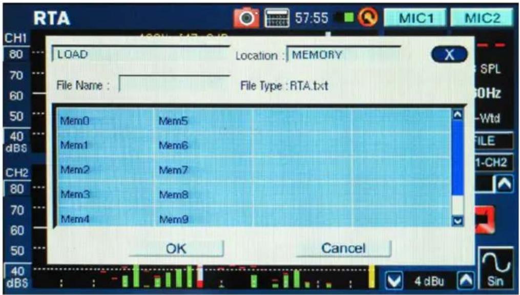 RTA 57:55 MIC1 MIC2 LOAD Location : MEMORY File Name : File Type : RTA.txt Mem0 Mem5 Mem1 Mem6 Mem2 Mem7 Mem3 Mem8 Mem4 Mem9 OK Cancel 4 dBu Sin