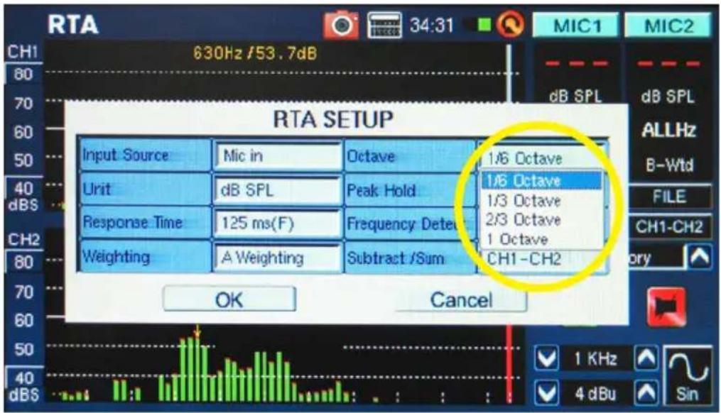 RTA SETUP Input Source Mic in Octave 1/6 Octave Urit dB SPL Peak Hold 1/6 Octave Response Time 125 ms(F) Frequency Detet 1/3 Octave Weighting A Weighting Subtract /Sum 2/3 Octave 1 Octave CH1-CH2 OK Cancel CH1 630Hz /53.7dB 80 70 60 50 40 dBS dB SPL ALLHz B-Wtd FILE CH1-CH2 0 KHz 4 dBu Sin