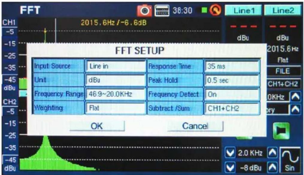 FFT SETUP Input Source Line in Response Time 35 ms Unit dBu Peak Hold 0.5 sec Frequency Range 46.9~20.0KHz Frequency Detect On Weighting Flat Subtract /Sum CH1+CH2 OK Cancel 2.0 KHz -8 dBu Sin