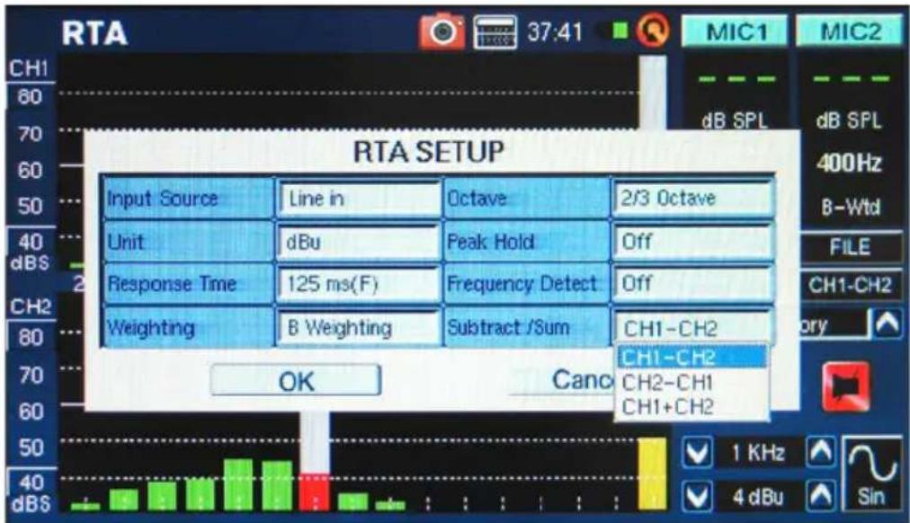 RTA SETUP Input Source Line in Octave 2/3 Octave Unit dBu Peak Hold Off Response Time 125 ms(F) Frequency Detect Off Weighting B Weighting Subtract /Sum CH1-CH2 OK Canc CH1-CH2 CH2-CH1 CH1+CH2 1 KHz 4 dBu Sin