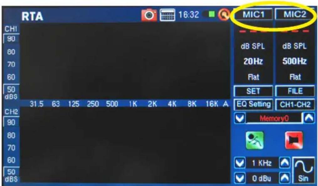 RTA 16:32 MIC1 MIC2 CH1 90 60 70 60 50 dB6 31.5 63 125 250 500 1K 2K 4K 8K 16K A CH2 90 80 70 60 50 dB8 dB SPL dB SPL 20Hz 500Hz Flat Flat SET FILE EQ Setting CH1-CH2 Memory0 1 KHz 0 dBu Sin