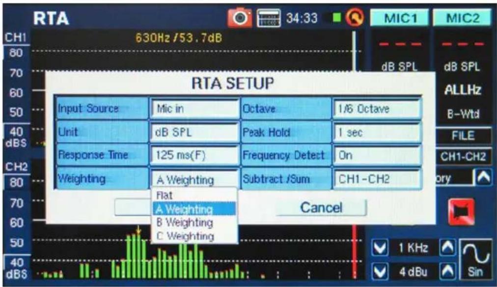 RTA SETUP Input Source Mic in Octave 1/6 Octave Unit dB SPL Peak Hold 1 sec Response Time 125 ms(F) Frequency Detect On Weighting A Weighting Subtract /Sum CH1-CH2 Flat A Weighting B Weighting C Weighting Cancel 1 KHz 4 dBu Sin