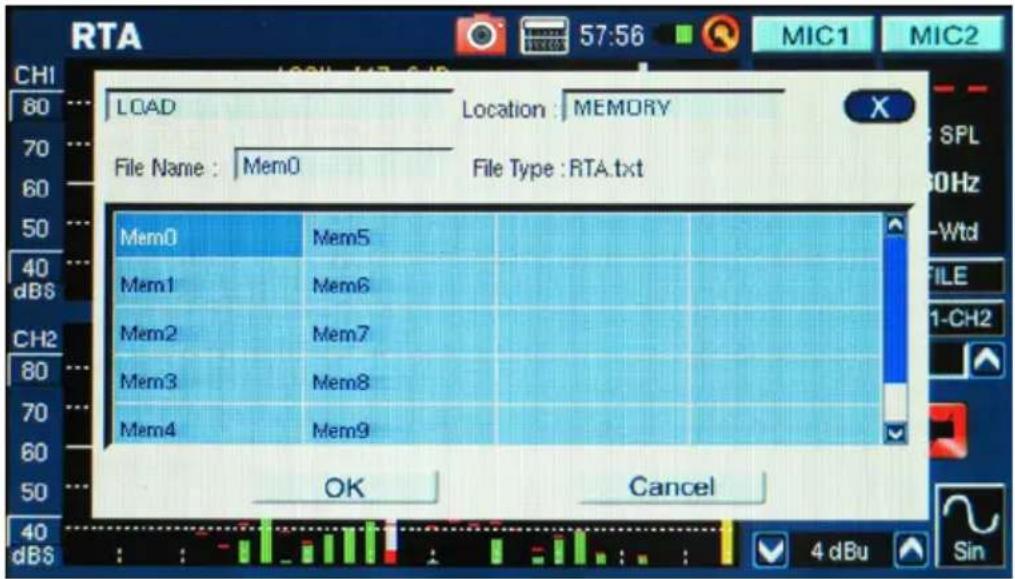 RTA CHI 80 ... LOAD Location : MEMORY 70 60 50 ... 40 ... dBS File Name : Mem0 File Type : RTA.txt Mem0 Mem5 Mem1 Mem6 Mem2 Mem7 Mem3 Mem8 Mem4 Mem9 OK Cancel 4 dBu Sin