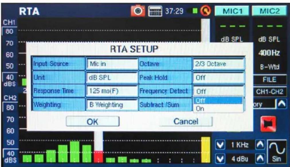 RTA SETUP Input Source Mic in Octave 2/3 Octave Unit dB SPL Peak Hold Off Response Time 125 ms(F) Frequency Detect Off Weighting B Weighting Subtract /Sum Off OK Cancel CH1-ch2 80 70 60 50 40 dBS MIC1 MIC2 dB SPL dB SPL 400Hz B-Wtd FILE CH1-CH2 ory 1 KHz 4 dBu Sin