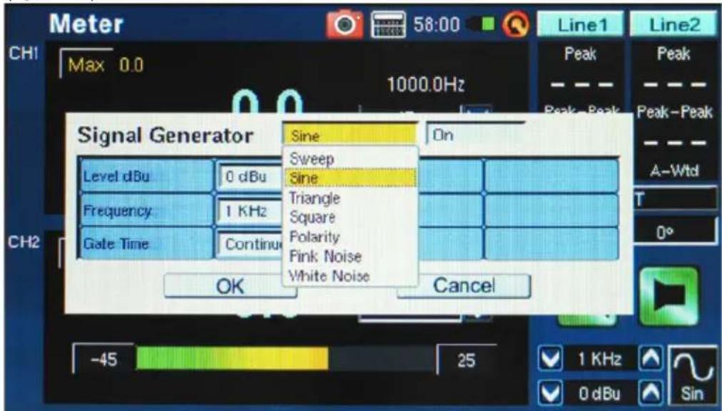 Meter CH1 Max 0.0 1000.0Hz Signal Generator Level dBu 0 dBu Frequency 1 KHz Gate Time Continue Sine On Sweep Sine Triangle Square Polarity Fink Noise White Noise OK Cancel -45 25 1 KHz 0 dBu Sin