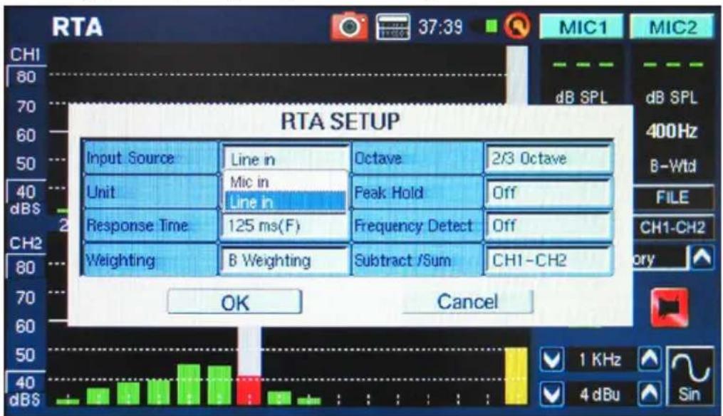 RTA SETUP Input Source Line in Octave 2/3 Octave Unit Mic in Peak Hold Off Line in Response Time 125 ms(F) Frequency Detect Off Weighting B Weighting Subtract /Sum CH1-CH2 OK Cancel CH1 80 70 60 50 40 dBS MIC1 MIC2 dB SPL dB SPL 400Hz B-Wtd FILE CH1-CH2 ory 40 dBS 1 KHz 4 dBu Sin