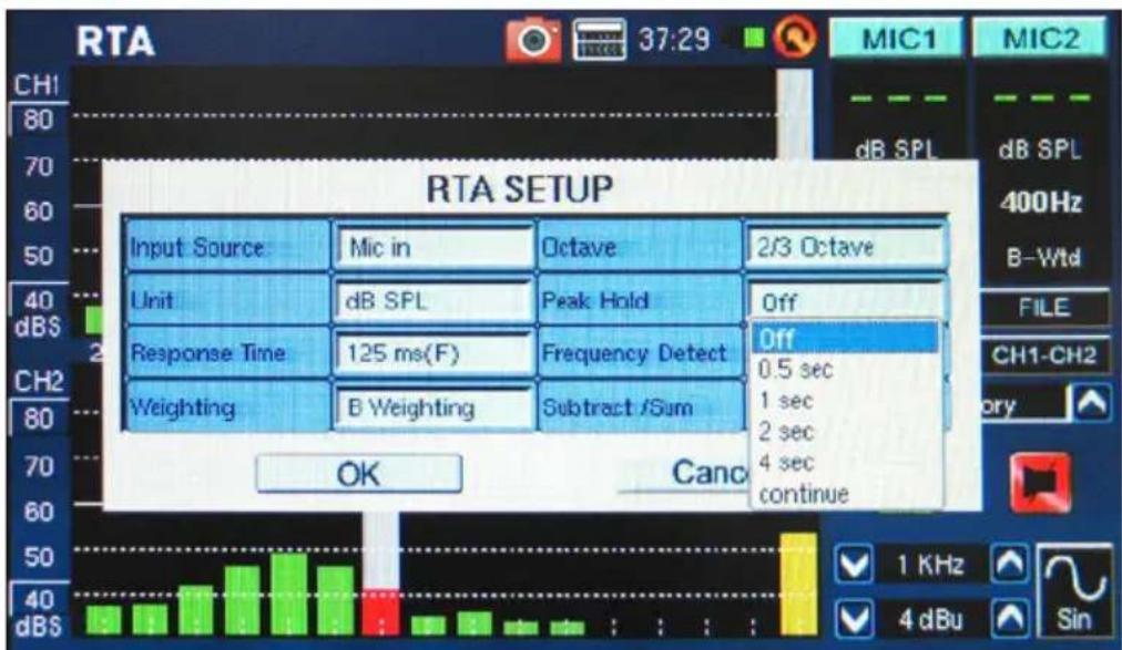 RTA SETUP Input Source Mic in Octave 2/3 Octave Unit dB SPL Peak Hold Off Response Time 125 ms(F) Frequency Detect Off Weighting B Weighting Subtract /Sum 0.5 sec 1 sec 2 sec 4 sec continue OK Canc CH1-ch2 CH2 BYD 1 KHz 4 dBu Sin