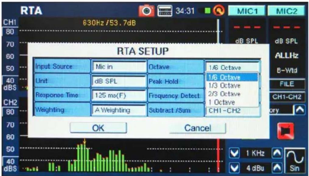 RTA SETUP Input Source Mic in Octave 1/6 Octave Unit dB SPL Peak Hold 1/6 Octave Response Time 125 ms(F) Frequency Detect 1/3 Octave Weighting A Weighting Subtract /Sum 2/3 Octave CH1-CH2 OK Cancel CH1 630Hz /53.7dB 80 70 60 50 40 dBS CH1 NIC1 NIC2 dB SPL allHz B-Wtd FILE CH1-CH2 ory 40 dBS 1 KHz 4 dBu Sin