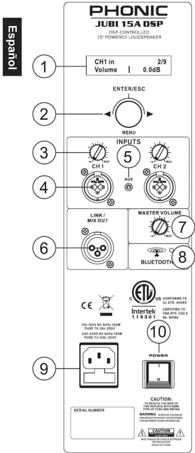 PHONIC JUBI 15A DSP DSP-CONTROLLED 15° POWERED LOUDSPEAKER 1 CH1 in Volume | 2/9 0.0dB ENTER/ESC MENU INPUTS 5 CH 1 MAX -50 MAX -50 MAX CH 2 AUX 6 LINK / MIX OUT MASTER VOLUME 7 -50 MAX 8 BLUETOOTH CE US CONFORMS TO UL STD. 60065 Intertek 119301 US CERTIFIED TO CSA STD. C22.2 No. 60065 10 POWER 9 CAUTION: TO REDUCE THE RISK OF FIRE REPLACE WITH SAME TYPE OF FUSE AND RATING WARNING TO REDUCE THE RISK OF FIRE OR ELECTRIC SHOCK, DO NOT EXPOSE THIS EQUIPMENT TO RAIN OR MOISTURE. SERIAL NUMBER CAUTION NEW OF ELECTRIC SHOCK ASIS: RISQUE DE CHOQ ELECTRIQUE NE PAS OUVRIR MADE IN CHINA