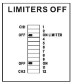 LIMITERS OFF CH1 1 OFF ON LIMITER 4 5 6 7 8 9 OFF ON 11 CH2 12
