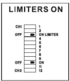 LIMITERS ON CH1 1 OFF ON LIMITER 4 5 6 7 8 9 OFF ON 11 CH2 12